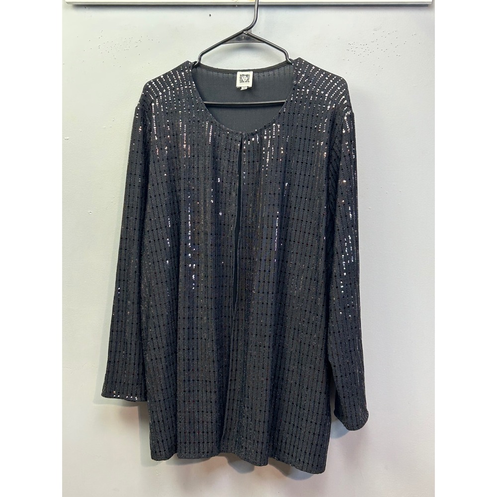 Anne Klein Cardigan Jacket Women 3X Black Sequin Open Front Mesh Glam Evening